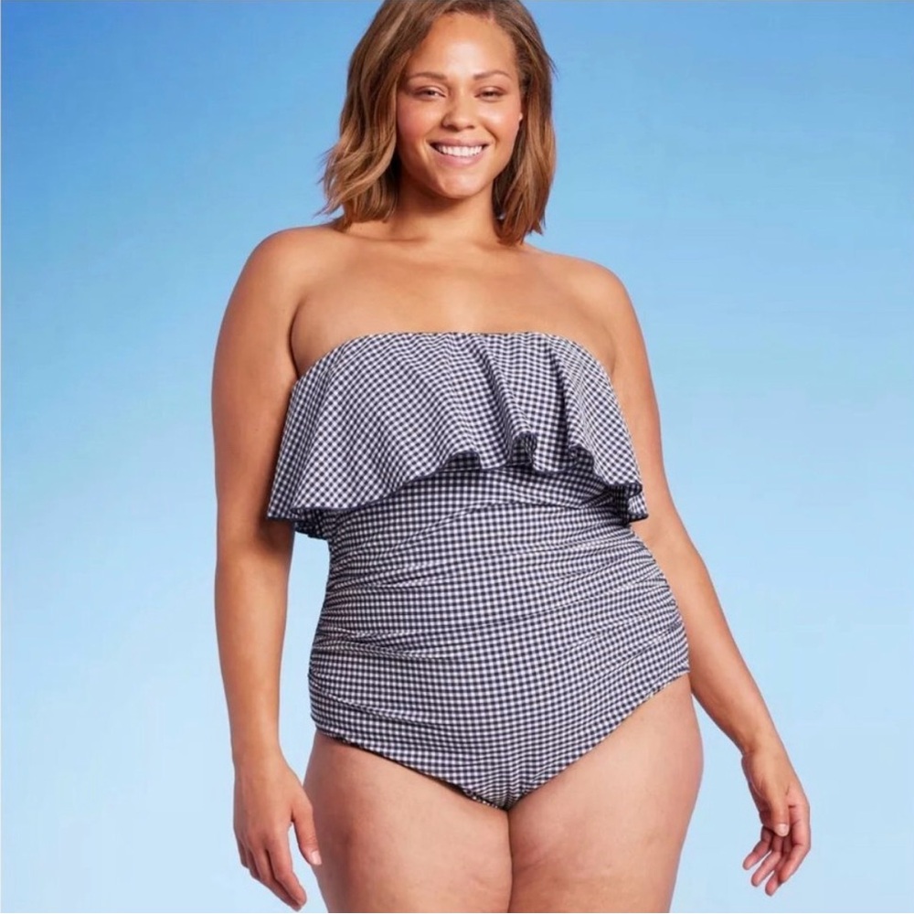 Kona Sol Navy Gingham Ruched Convertible Bandeau One-Piece – Size 20